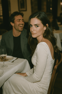 Pareja elegante en cena romántica durante una estancia Day Use en hotel de lujo en ciudad